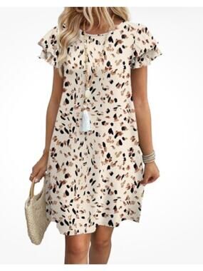 NWT Ofeefan Women's Short Ruffle Sleeve Summer Dress Tan Multicolor Size XL